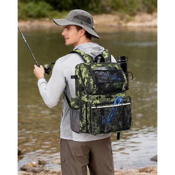 Fishing Backpack, Large Water Resistant Tackle Bag Storage Fishing Gear and Equipment, Built-in Cooler Compartment Green