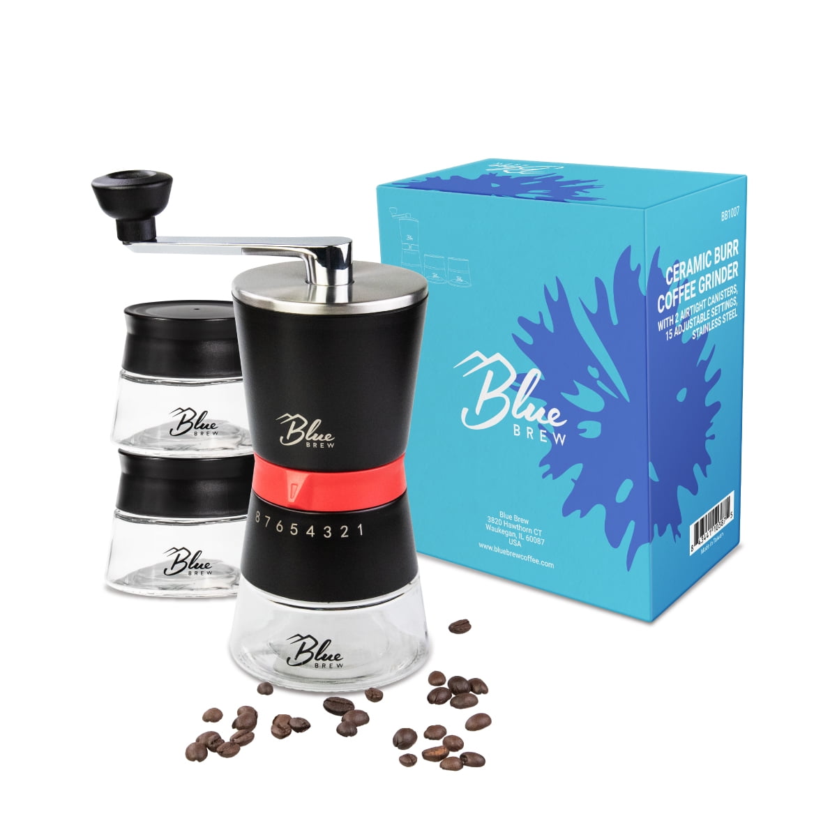 BLUE BREW Coffee Grinder with Conical Ceramic Burrs, Manual, with 2 Airtight Glass Jars, Adjustable Grinding Size Stainless Steel Hand Coffee Mill/Espresso Bean Grinder, BB1007