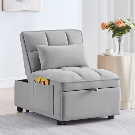 4 in1 Multi-Function Single Sofa Bed with Storage Pockets,Tufted Single Pull-out Sofa Bed with Adjustable Backrest and Pillows ,Convertible Chaise Lounge for iving spaces or guest rooms (Gray)