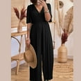 thumbnail image 5 of 3/4 Sleeve Jumpsuit for Women V-Neck Dressy Bodysuit Elastic High Waist Loose Wide Leg Casual Rompers, 5 of 6