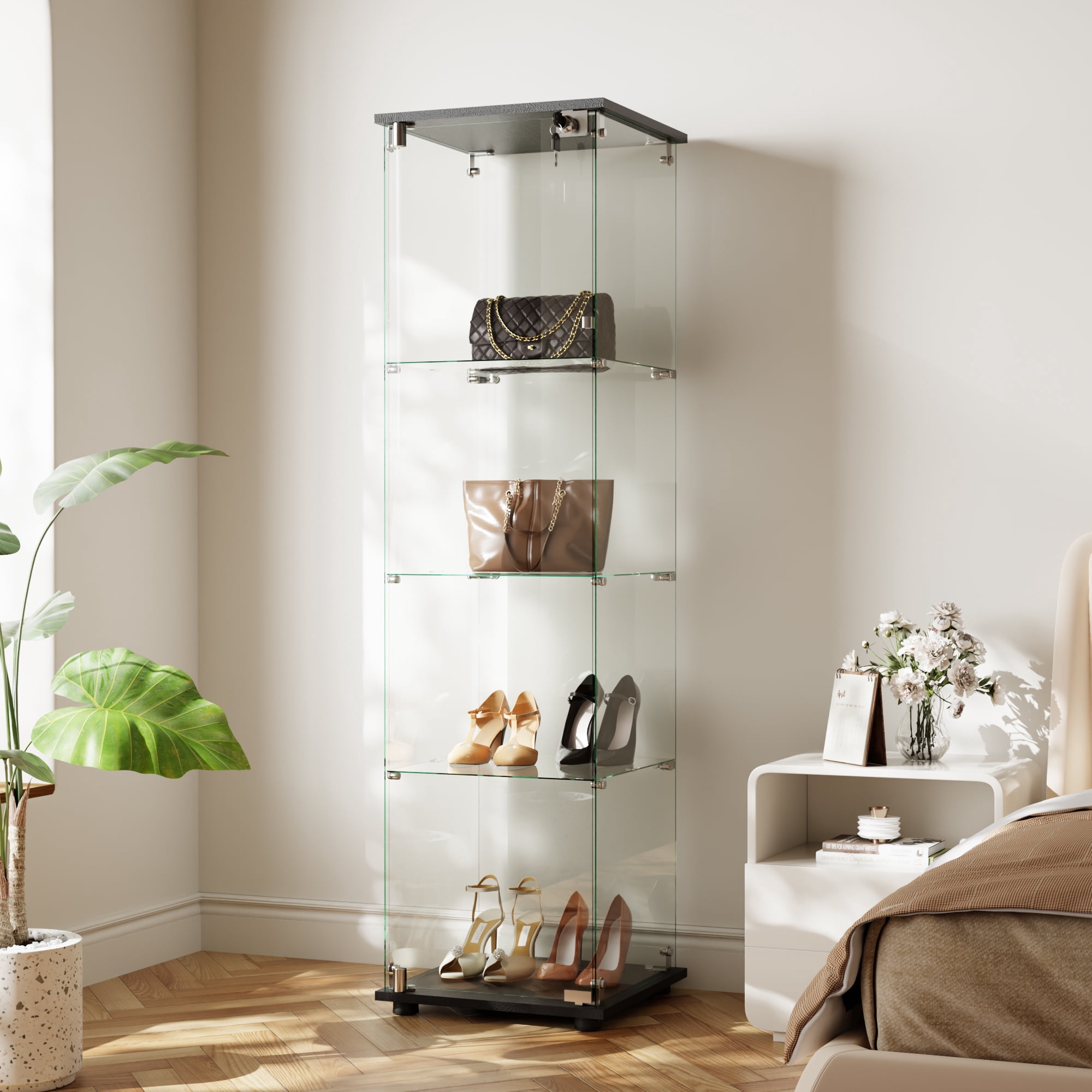 BEAUTYPEAK 64" Display Cabinet with Glass Doors, 4-Tier Single-Door Curio and Collection Showcase, Black