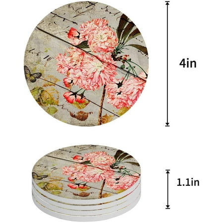 

ZHANZZK Retro Peony flowers with Fallen Leaves and Butterflies Set of 6 Round Coaster for Drinks Absorbent Ceramic Stone Coasters Cup Mat with Cork Base for Home Kitchen Room Coffee Table Bar Decor