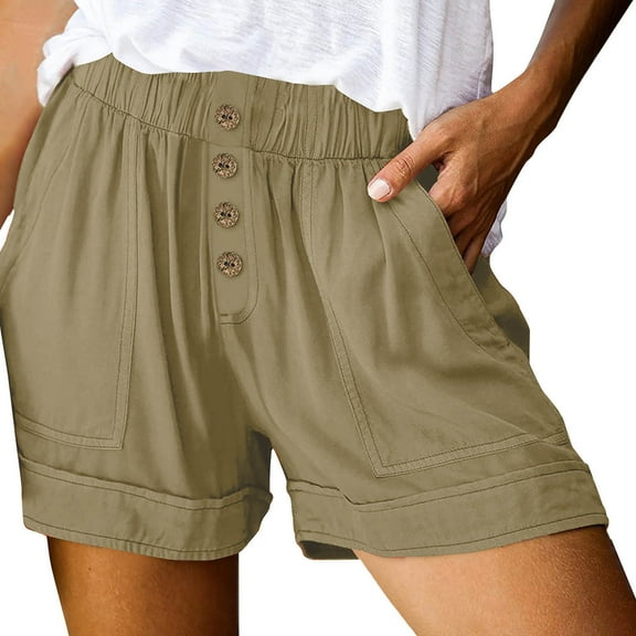 MIUOWANP Women's Elastic Waist Shorts with Pockets Solid Color Fake Buttons Relaxed Fit Shorts Size XXXL(14)Khaki