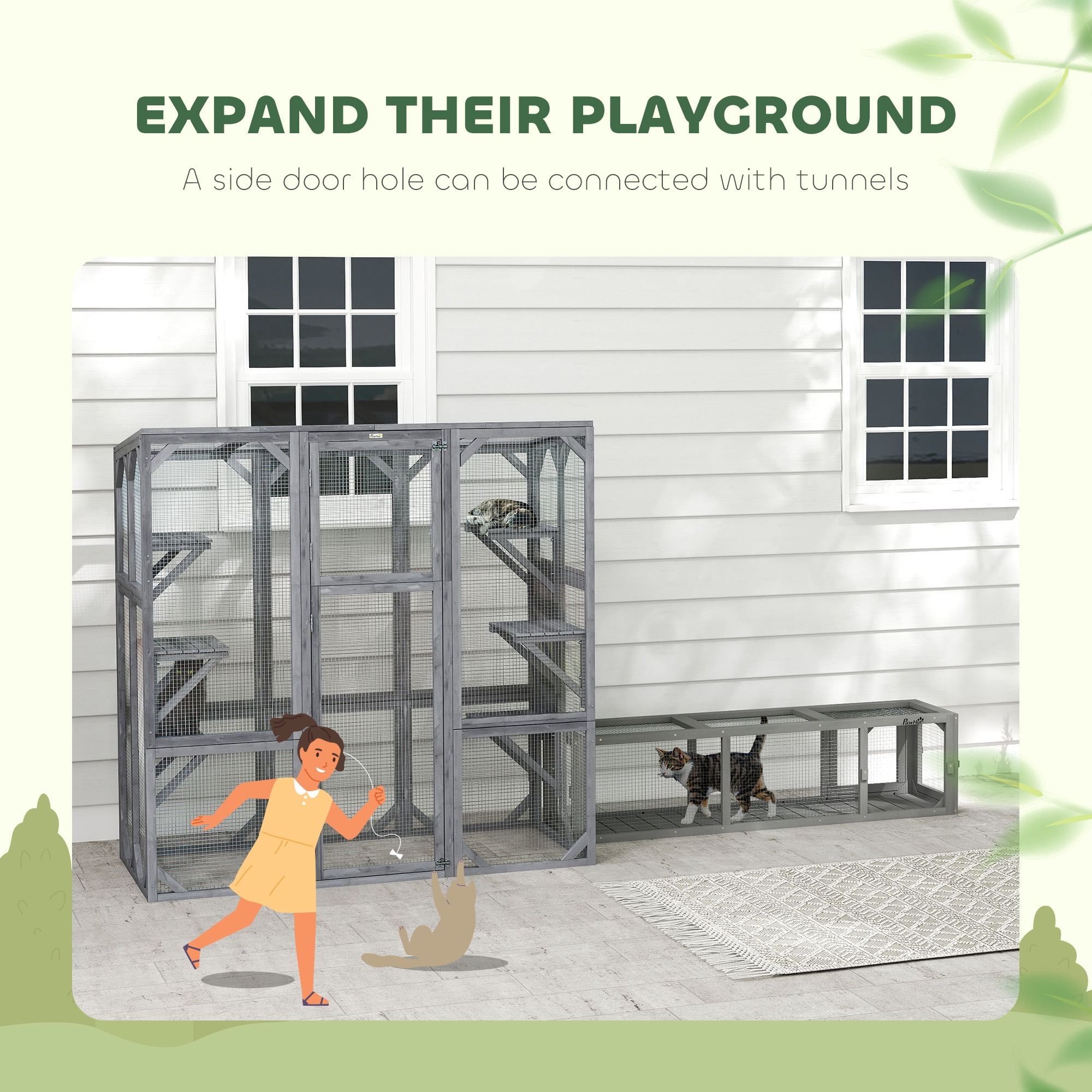 PawHut Catio Outdoor Cat Enclosure, Large Wooden Cat House with 6 Jumping Platforms, Weatherproof Roof, for 1-3 Cats, 59" x 28" x 60", Gray