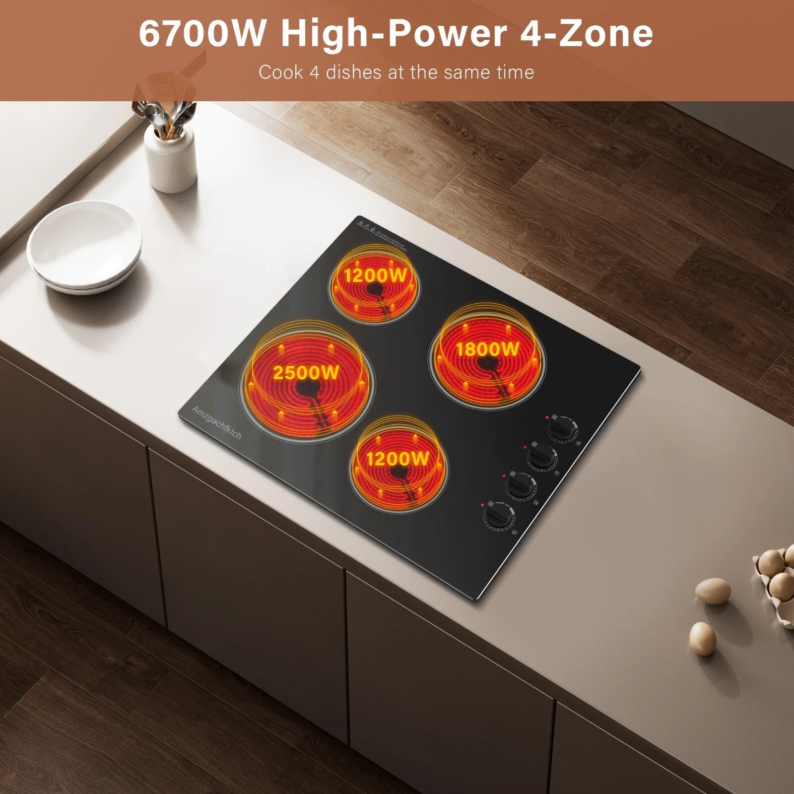 24 inch Built-In 4 Burner Electric Cooktop Dual-Ring Burners 6700W Radiant StoveTop with Knob Control Residual Heat Indicator auto shut off, 220V~240V Hardwire (No Plug)