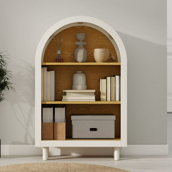 S-HOME Arched Small Bookcase with White Woodgrain Shelves, 3-Tier Storage Shelf for Living Room, Bedroom, and Entryway