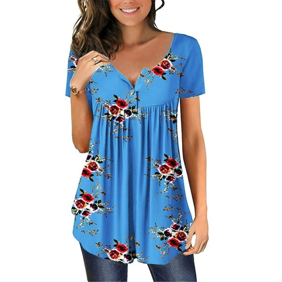 JustVH Women Short Sleeve Tops V Neck Button Down Floral Print Casual Shirt Blouse