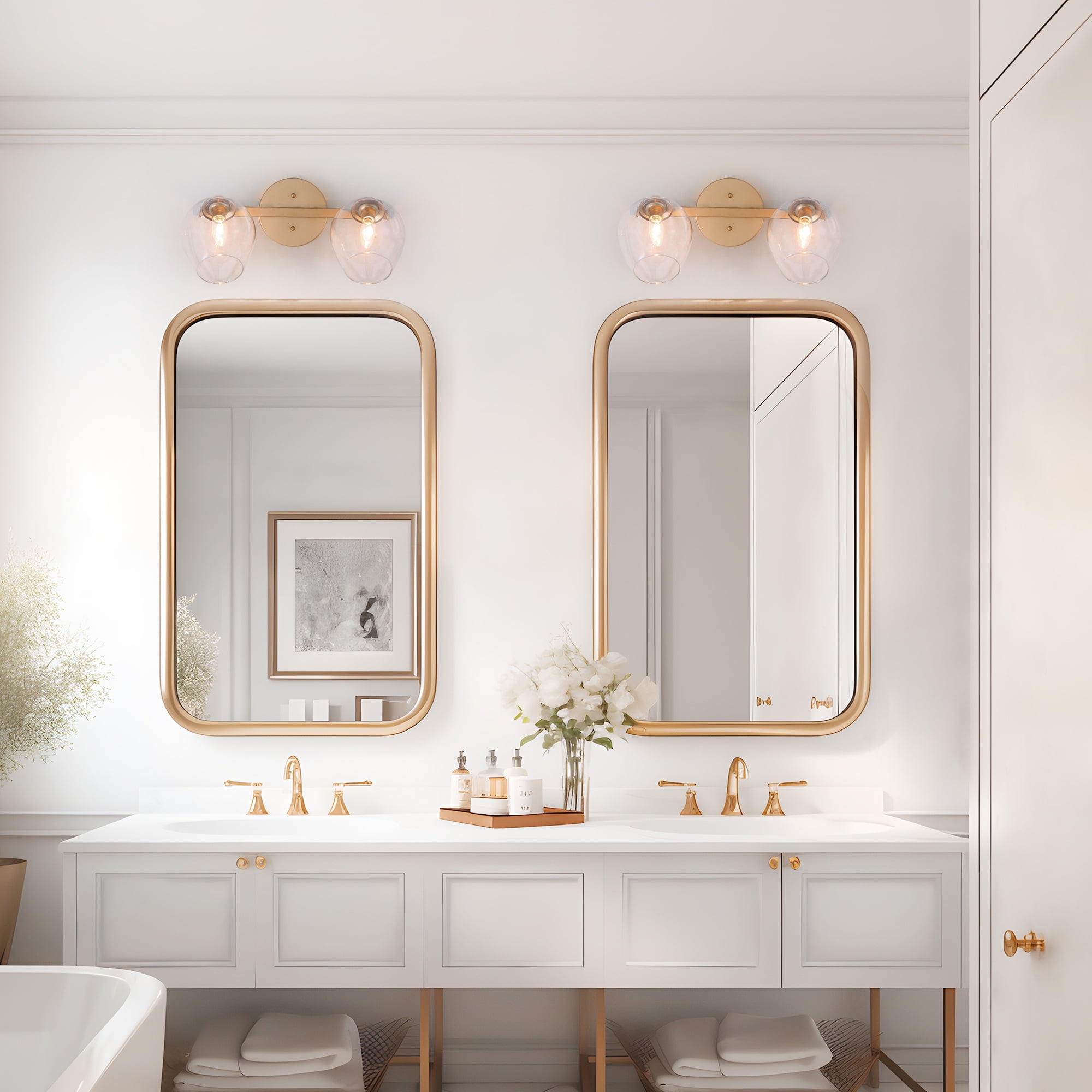 LNC Ellan 17-in Matte Gold Bathroom Vanity Light with Clear Wine Cup Glass, Modern, 2-Light