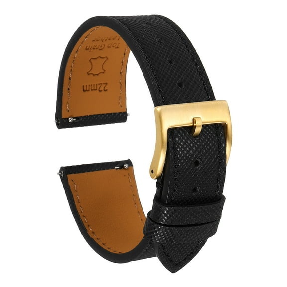 Uxcell Genuine Leather Watch Band 22mm Quick Release Replacement Watch Strap with Stainless Steel Gold Buckle for Men Women, Black