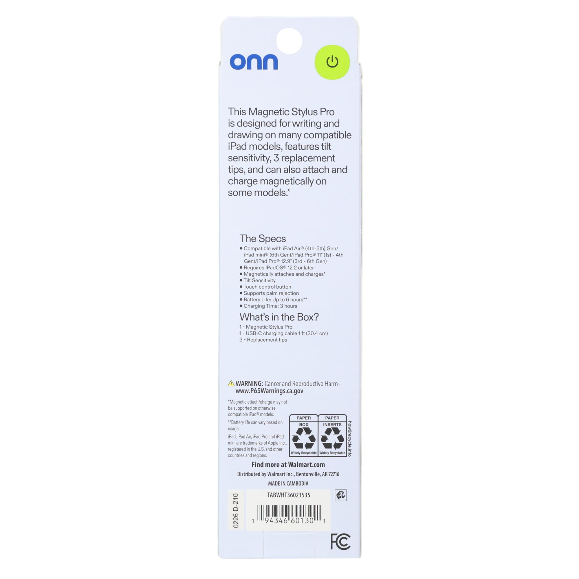 onn Magnetic Stylus Pro Pen with Magnetic Charge, White