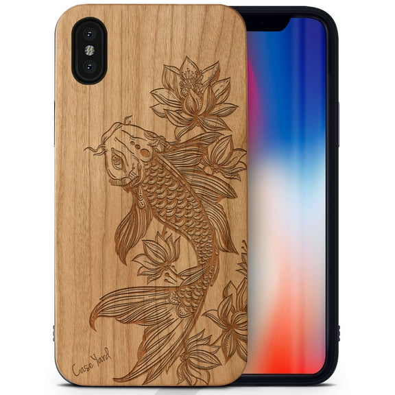 Case Yard Wooden Case Outside Soft TPU Silicone, Slim Fit Shockproof Wood Protective Phone Cover for Girls Boys Men and Women, Supports Wireless Charging Floral Koi Fish Design case for iPhone-X