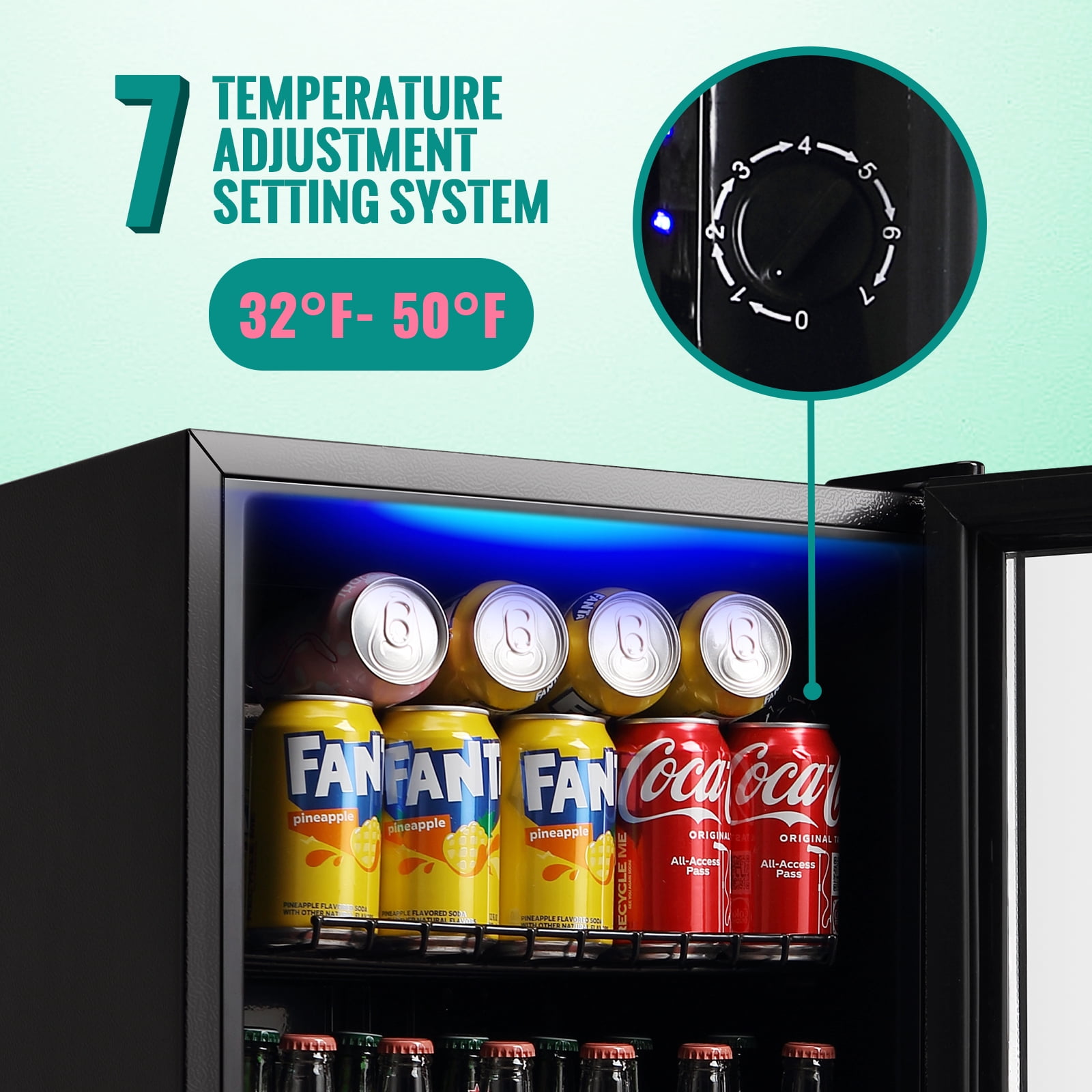 WANAI 1.7 Cu. ft Mini Fridge Beverage Cooler, 60 Cans Drink Fridge Black Glass Door for Beer Soda