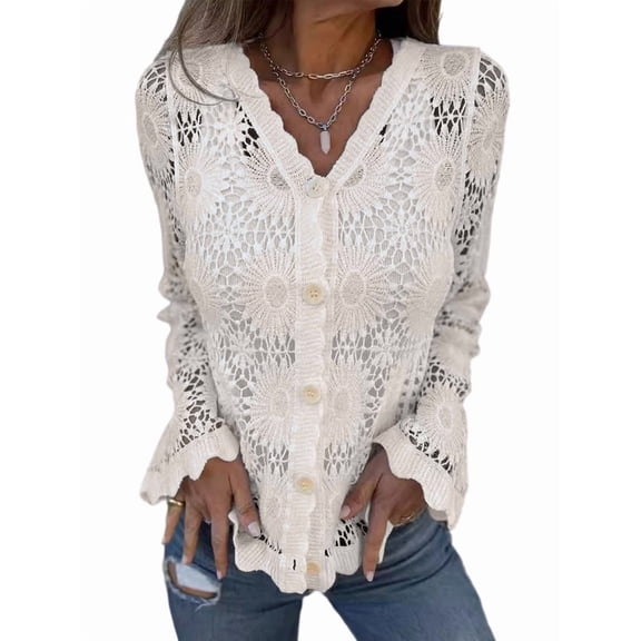 Cutout Embroidered V-Neck Button Long Sleeve Top, Hollow Half Sleeve Cardigan Apricot S