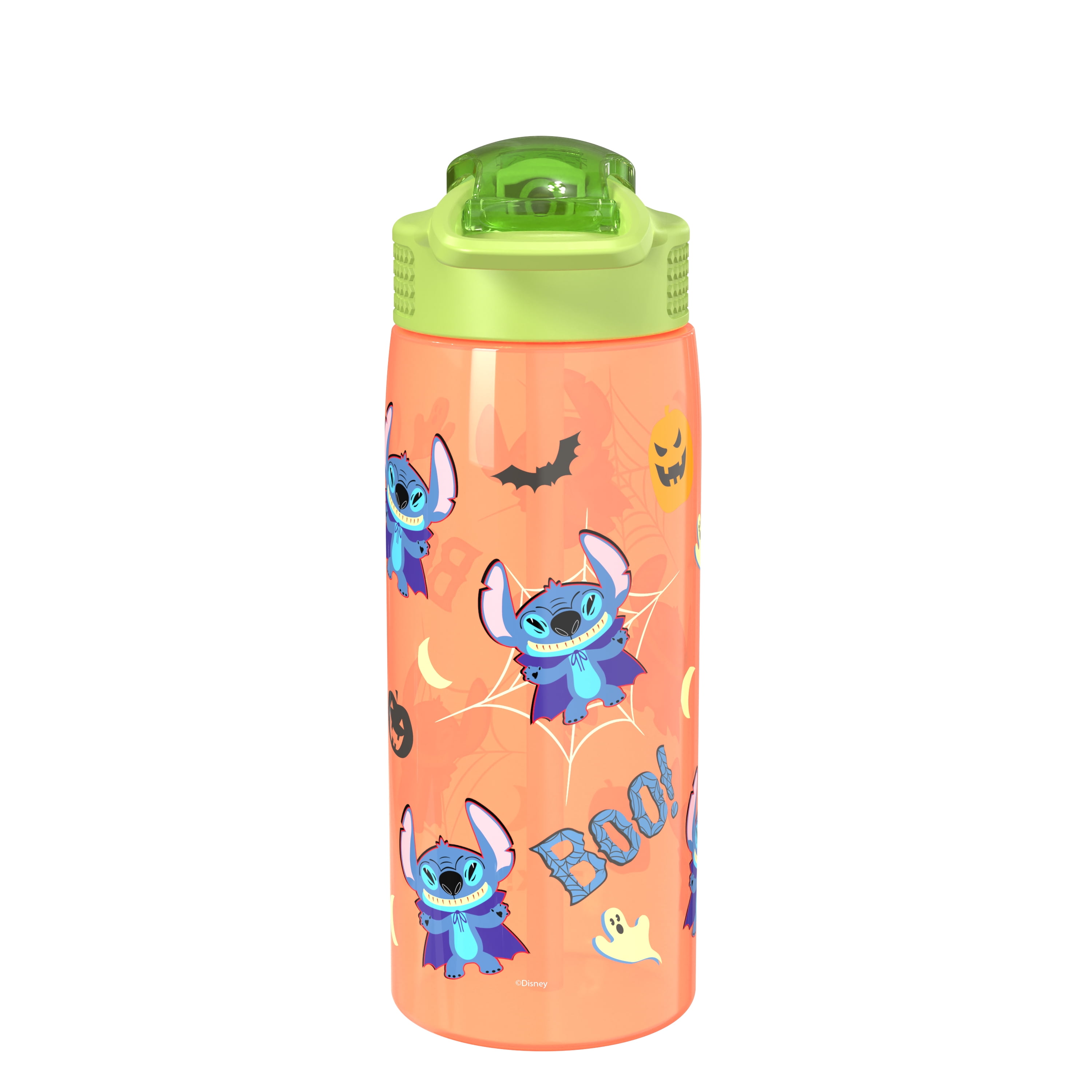 Zak Designs 25oz Stitch Halloween Orange Kids Straw Water Bottle, Durable Plastic Park Bottle with Easy-Open Locking Spout Cover for Travel, Built in Carry Handle