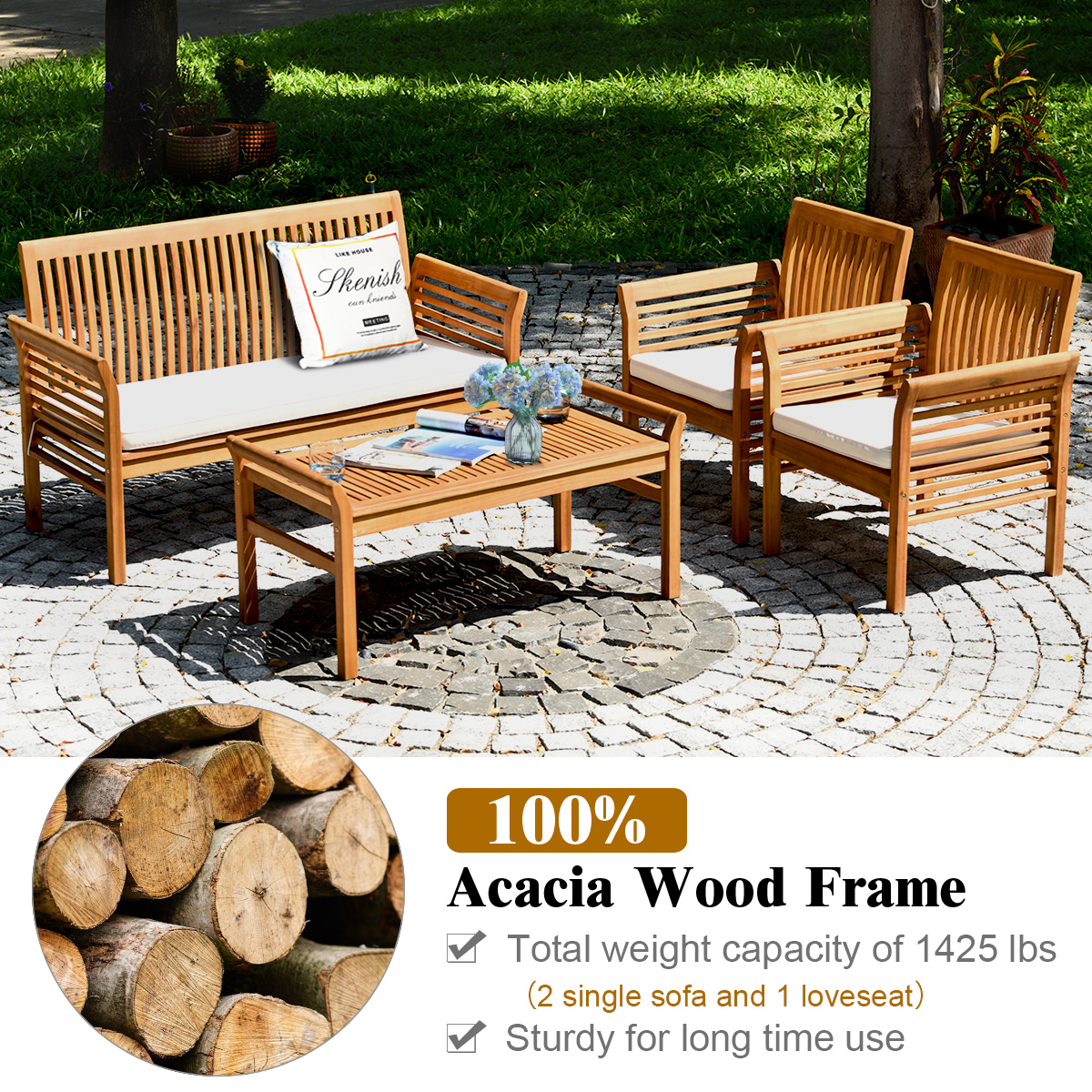 Costway 4 PCS Outdoor Acacia Wood Sofa Furniture Set Cushioned Chair Coffee Table Garden - image 4 of 10