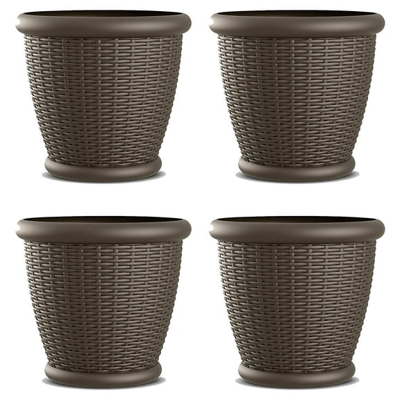 Suncast Willow 22" Resin Wicker Decorative Pot Planters, Set of 4, Java