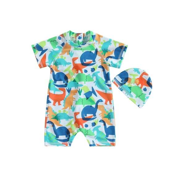 Bagilaanoe Toddler Baby Boy One-Piece Swimsuit Shorts Cartoon Print Short Sleeve Zipper Rashguard Swimwear   Swimming Cap 1T 2T 3T 4T 5T 6T Kids Bathing Suit