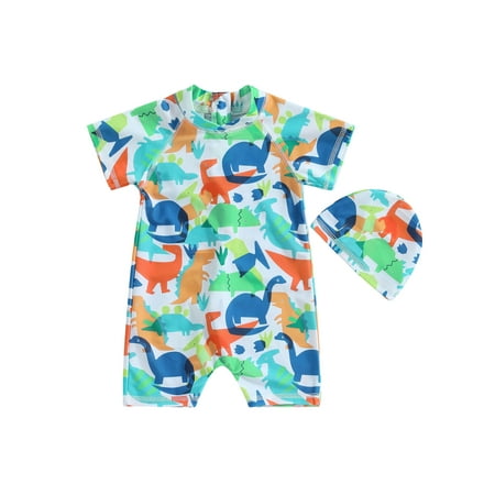 

Kids Boy Beach Summer Swimwear Short Sleeves Round Neck Cartoon Dinosaur Print Swimsuit Shorts + Cap 2Pcs