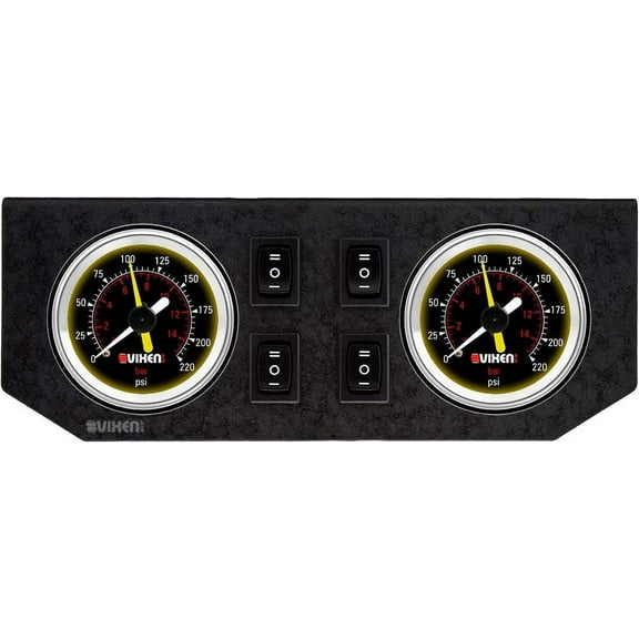 Vixen Air Two 2" Dual Needle Air Pressure Black Gauges with Four Momentary Switches and Metal Dash Panel Kit VXF2GP4RKB