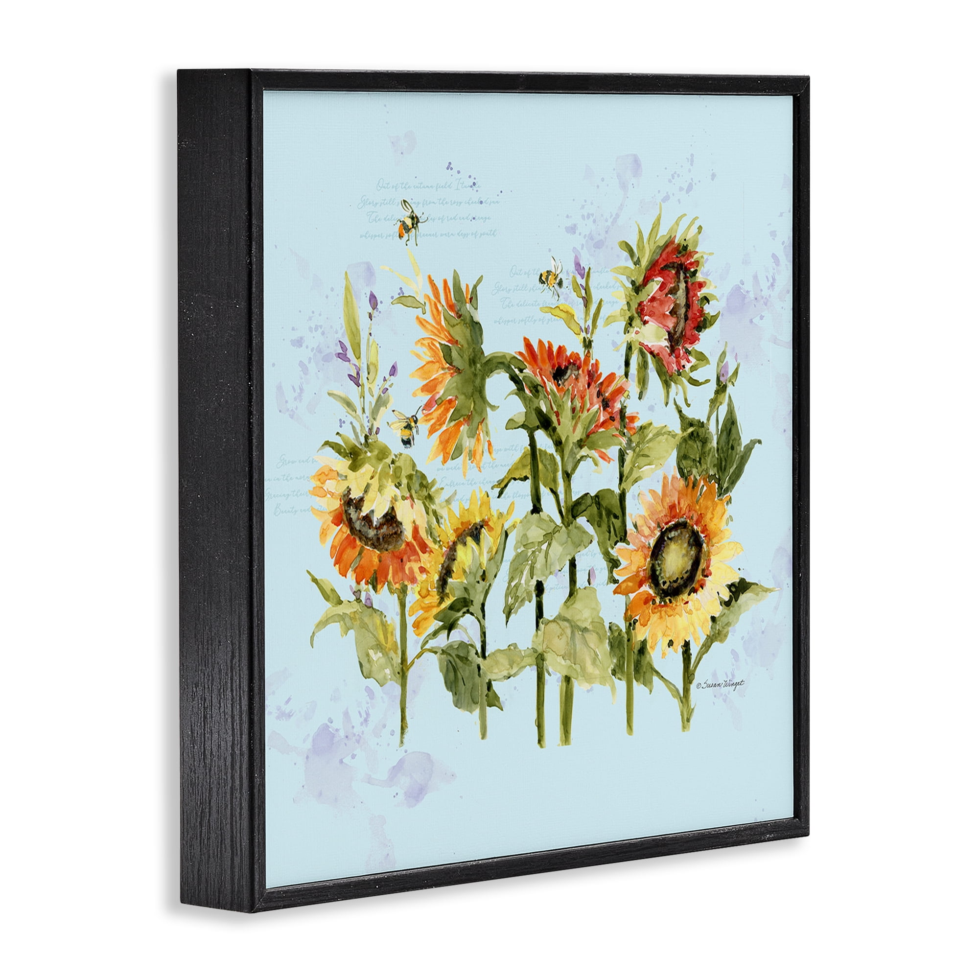 Stupell Industries Sunflowers & Bee on Blue Black Framed Giclee Art, design by Susan Winget