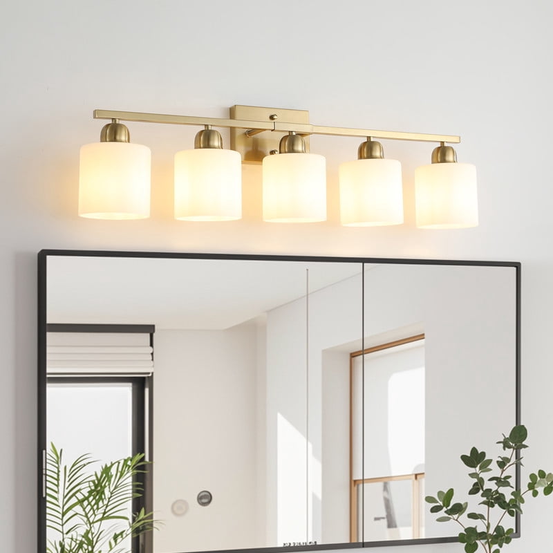 31.5" Gold Bathroom Vanity Light Fixture – 5-Light Modern Wall Sconce with Frosted Glass Shades, E26 Socket (Bulbs Not Included)