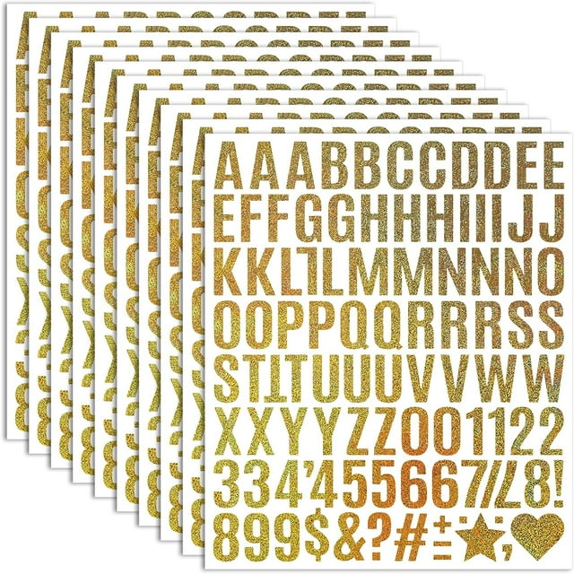 shiyou-10 Sheets Small Letter Stickers - 1 Inch Glitter Gold Vinyl Self Adhesive Alphabet Number Stickers Stick on Letters for Arts Crafts Outdoor Sign Wall Mailbox Windows Doors Car Poster Board