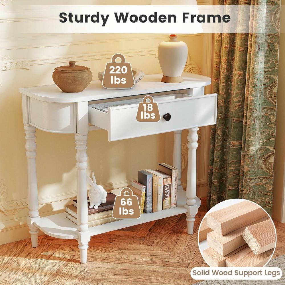 Barara King Retro Console Table with a Handy Drawer, 36"L Wooden 2-Tier Narrow Entryway Table for Hallway, Living Room, White