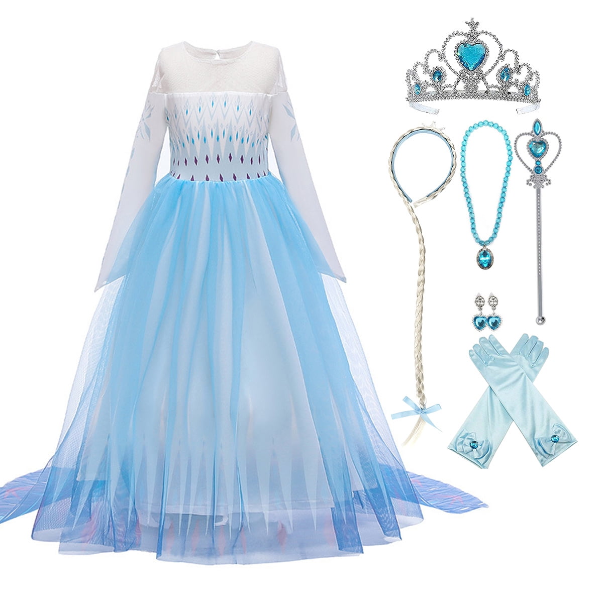 Girls Snow Queen Fancy Dress Up Costume Long Sleeve Elsa Anna Dress Halloween Christmas Outfit Age 4-10 Years