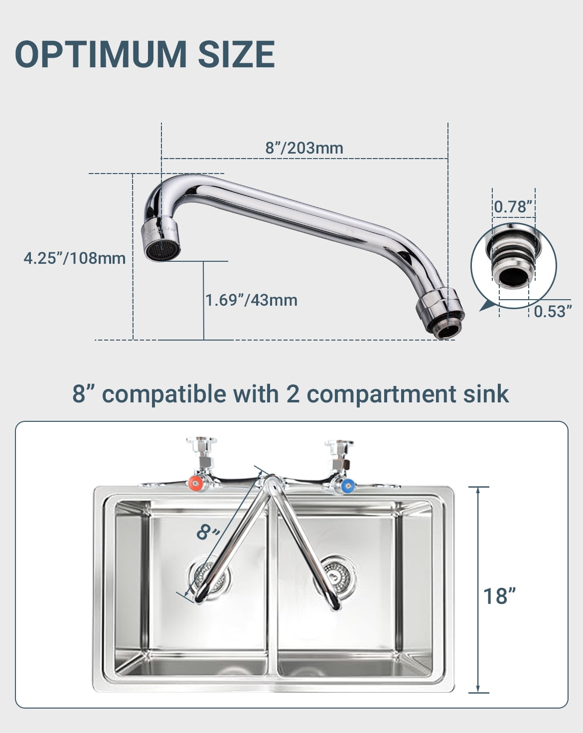 Commercial Faucet Parts 8 Inch Swivel Spout Replacement Kit for Most Brands Commercial Kitchen Sink Faucet 1.8 GPM Stainless Steel Swivel Swing Add-on Nozzle for 2 or 3 Bay Compartment Sinks