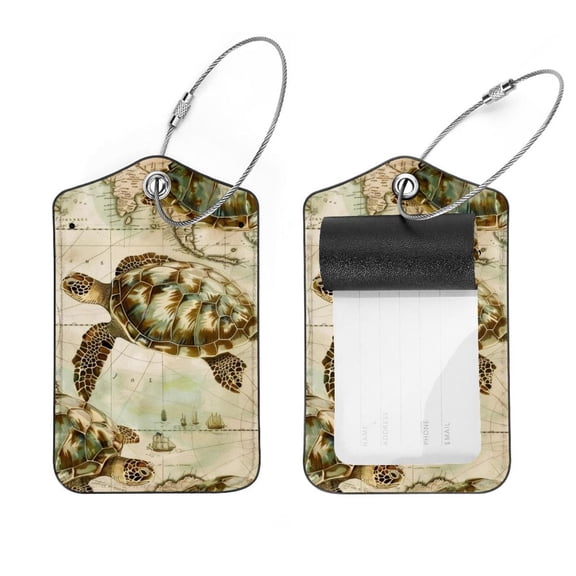 PhooArto Retro Map Sea Turtle Pattern Luggage Tags with Stainless Steel Loop, 2 Pack Luggage Tag Holders for Travel Luggage Baggage Identifier