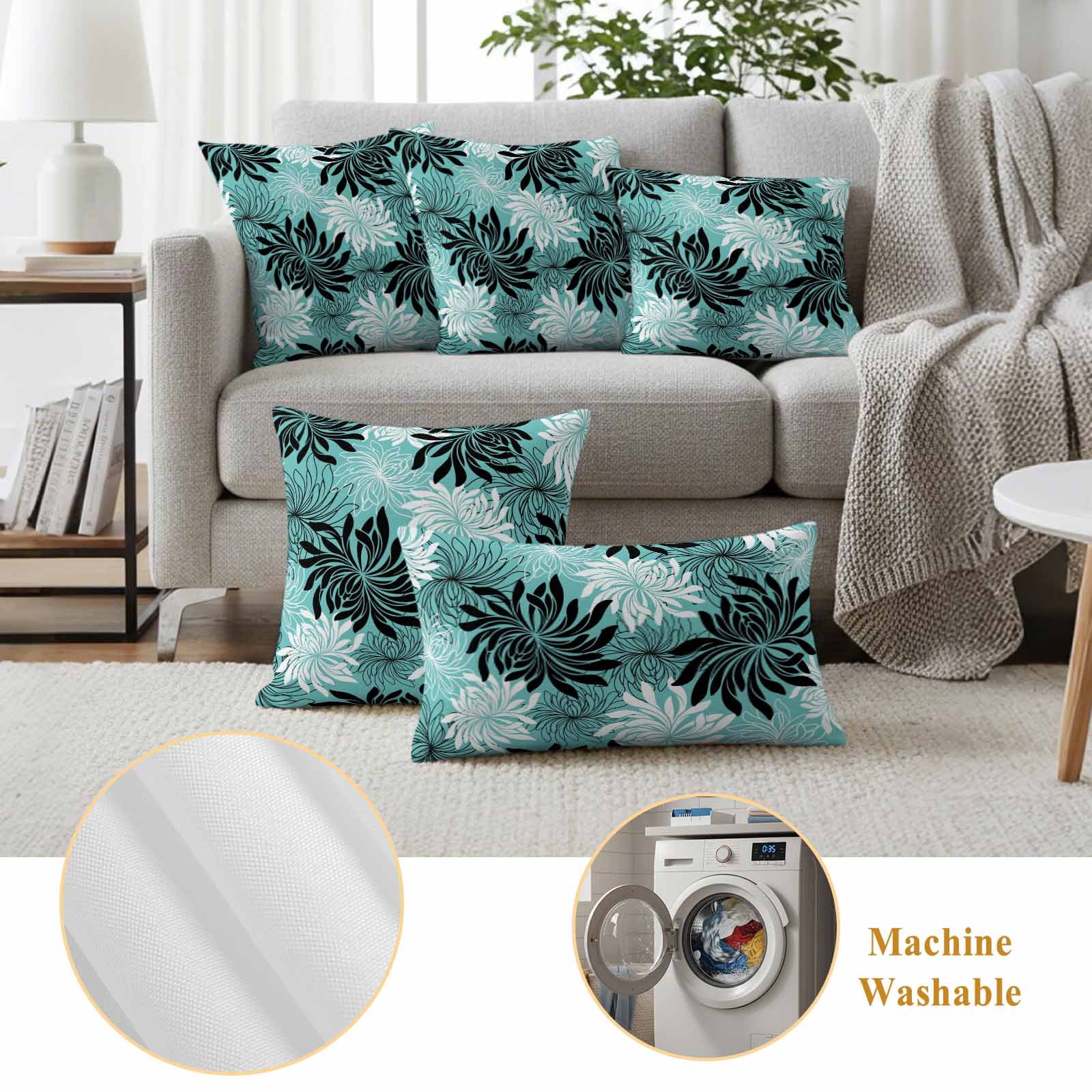 Teal Black Flowers Outdoor Waterproof Throw Pillow Covers 18x18 Set of 2, Modern Abstract Blooms Floral Decorative Pillowcases Cushion Pillowcase for Couch Sofa Patio Outside Pillow Protector
