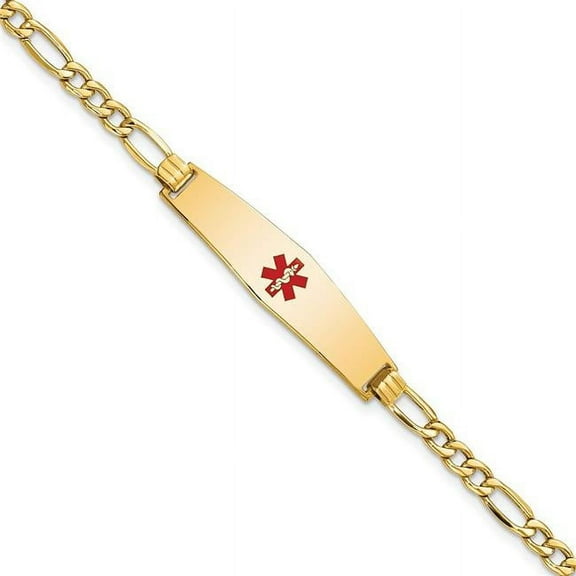Primal Gold 14 Karat Yellow Gold Semi-Solid Medical Soft Diamond Shape Red Enamel Figaro ID Bracelet