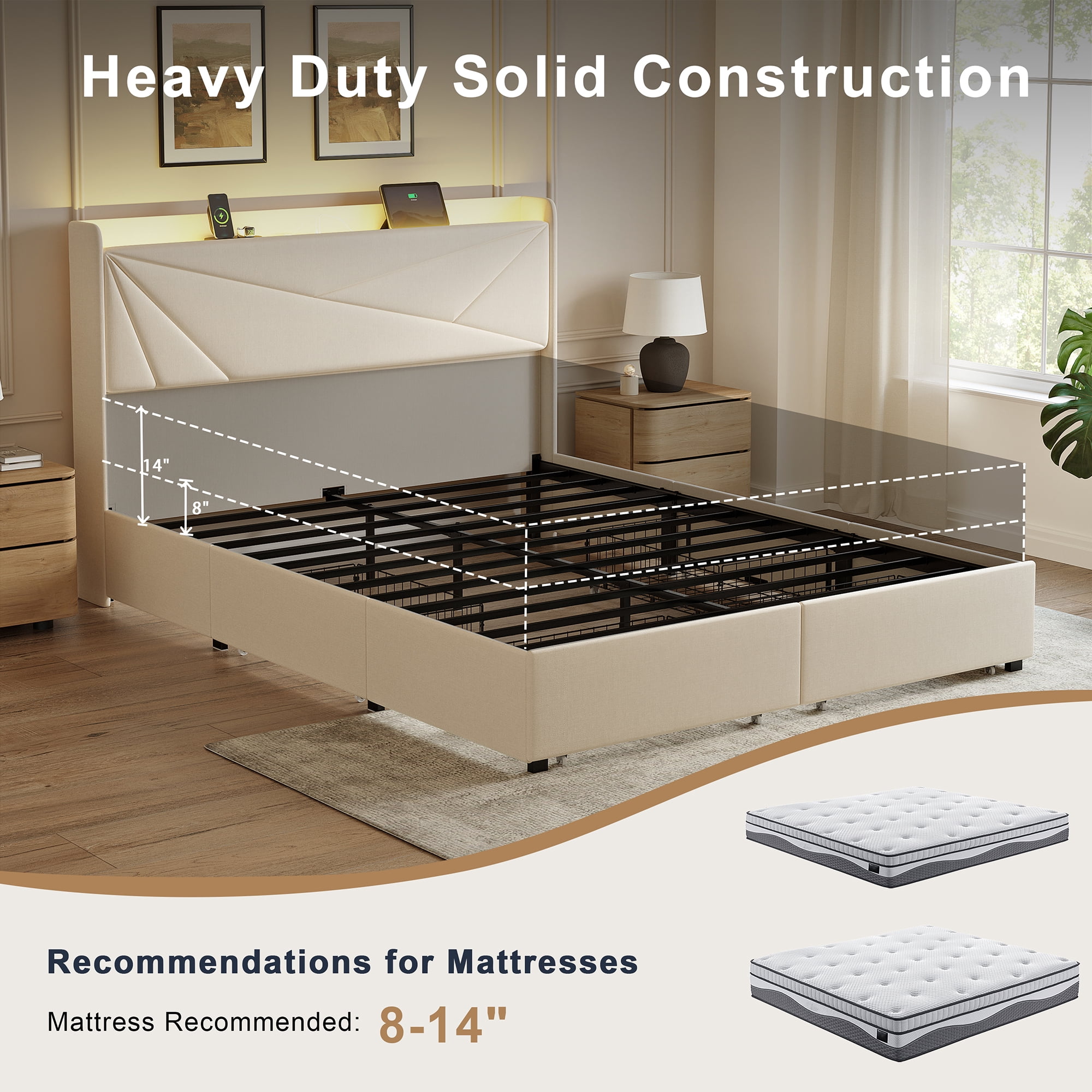 GUNAITO Queen Size Bed Frame with 4 Storage Drawers, Upholstered LED Bed with USB Ports, Modern Bed with Headboard Noise Free Platform Bed with Metal Frame, Beige
