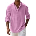 thumbnail image 4 of IROINNID Men Solid Slub Linen Blend Mandarin Collar Half Button Henley Shirt Roll Tab Adjustable Long Sleeve Loose Breathable Casual Vacation Pullover Top(Pink,M)Blouses & Tops, 4 of 9
