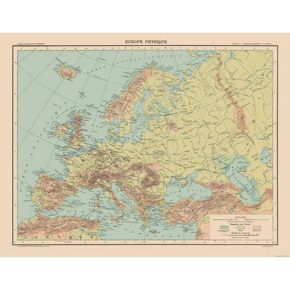 Historic Map - Physical Europe - Schrader 1908 - Vintage Wall Art