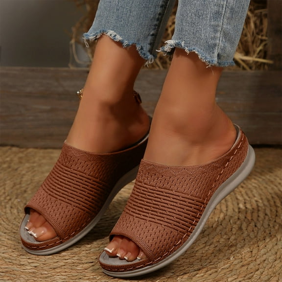 Women’s Soft Curly Full Slippers Fashion Casual Summer Style Solid Color Wide Stripe Fish Mouth Thick Bottom Slippers