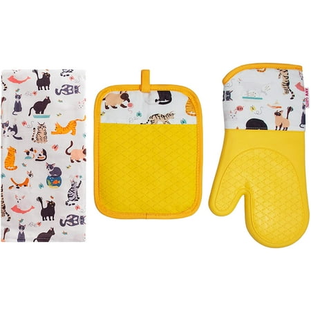 

Oven Mitt and Potholder Kitchen Set - 3 Piece Frisky Cats at Play Pattern Kitchen Accessory-Heat Resistant for Home and Professional Use-Hands Protection Waterproof Oven Glove Potholder and Tea Towel
