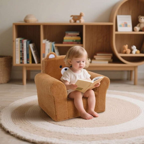 Square Toddler Armchair with Bear Design, Comfy Foam Seating for Reading & Relaxation, Brown, 1 Count