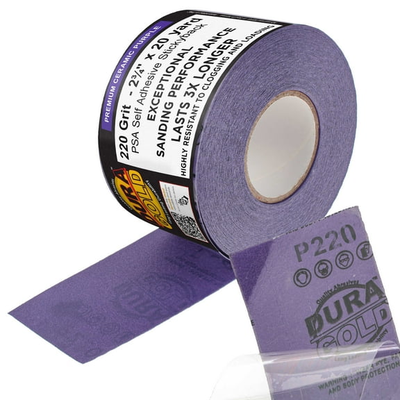 Dura-Gold Premium 220 Grit PSA Purple Film Ceramic Longboard Sandpaper, 2-3/4" Wide Continuous 20 Yard Roll - Self Adhesive Stickyback for Auto & Wood Air File Long Board Sanders