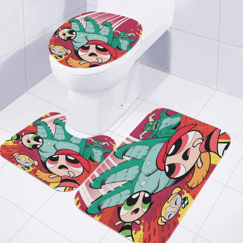 Lheaggik Cartoon Powerpuff Girl 4 Pcs Bathroom Sets with Shower Curtain and Rugs, Waterproof Polyester Shower Curtain Sets with Hooks