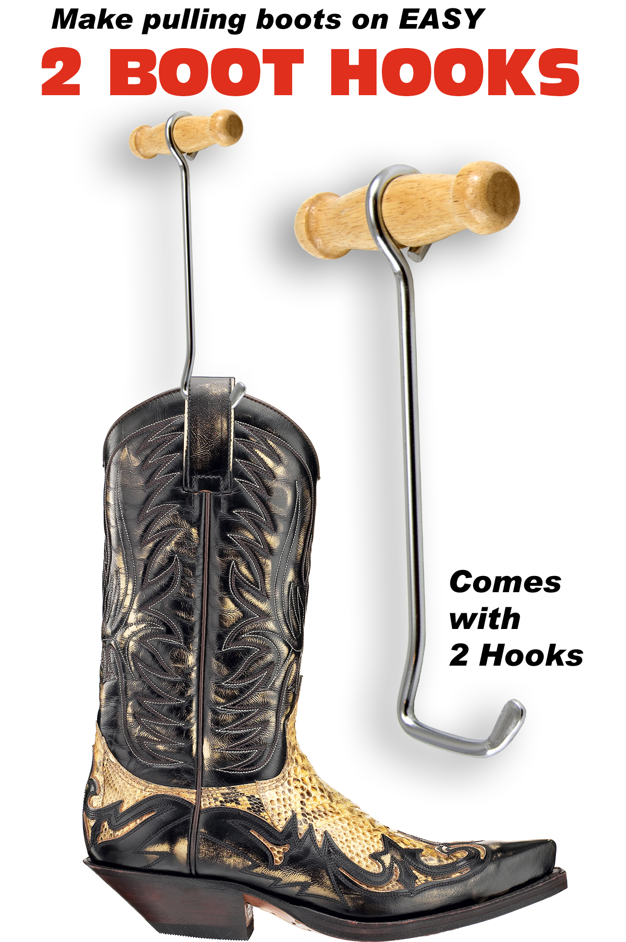 SOUTHWESTERN Boot Hooks Boot Pullers Wood Handles (2 Hooks)