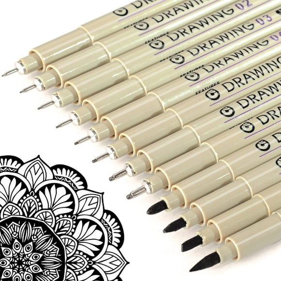 Micro Fineliner Drawing Art Pens: 12 Black Fine Line Waterproof Ink Set Artist Supplies Archival