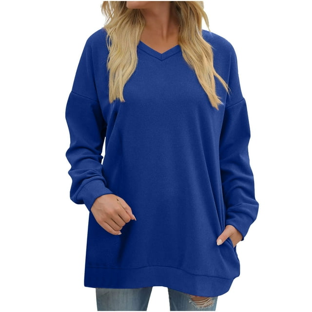 Yuyuzo Womens Sweatshirts Tops V Neck Long Sleeve Straight Line Pullover Fall Casual Sweatshirt Solid Color