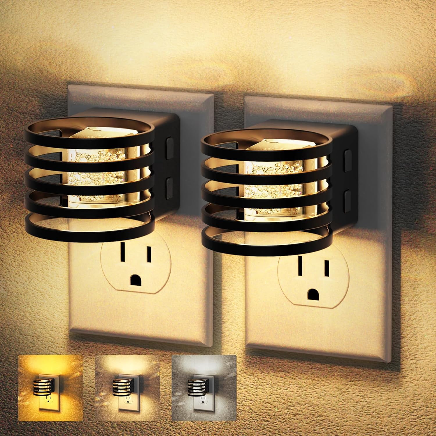 RGHJAR-LED Night Light, [2 Pack] Bubble Night Lights Plug into Wall, Dimmable Nightlight with Dusk to Dawn Sensor, Amber/3000K/5000K & 5 Brightness Levels, for Bedroom Bathroom Hallway