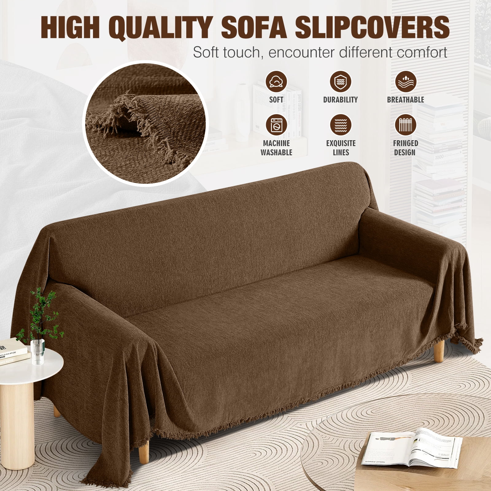 Timeles Couch Covers Washable Sofa Slipcovers with Tassels Sectional Couch Cover Soft Sofa Blanket Durable Furniture Protector for Kids Pets (71" x 134", Dark Coffee)