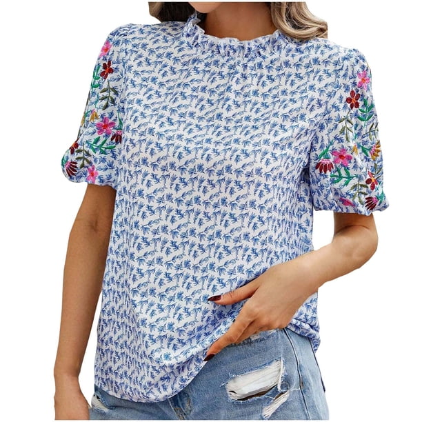 Blusas de Manga Corta para las Mujeres Imprimir Cuello de Pie Top Casual, Blusas para las Mujeres Casual