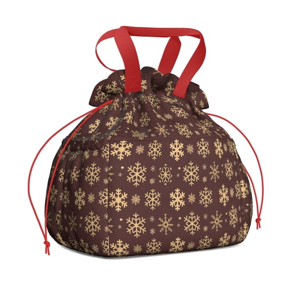 Brown Christmas Snowflake Pattern Drawstring Lunch Bag Women - Drawstring Lunch Bag Insulated for Work Office - Stain-Resistant Large Lunchbags for Women with Multi-Pockets