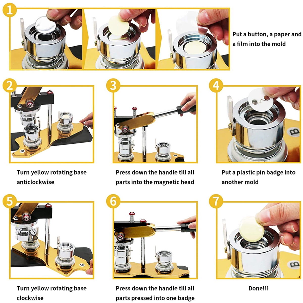 Badge Pin Button Maker Machine, Brooch Button Press Maker DIY Badges Set, with 100 Pcs Button Parts ,Beginner-Friendly