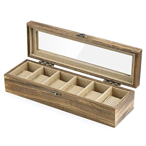 SRIWATANA Watch Box Case Organizer Display for Men Women, 6 Slot Wood Box  with Glass Top, Carbonized Black - Walmart.com