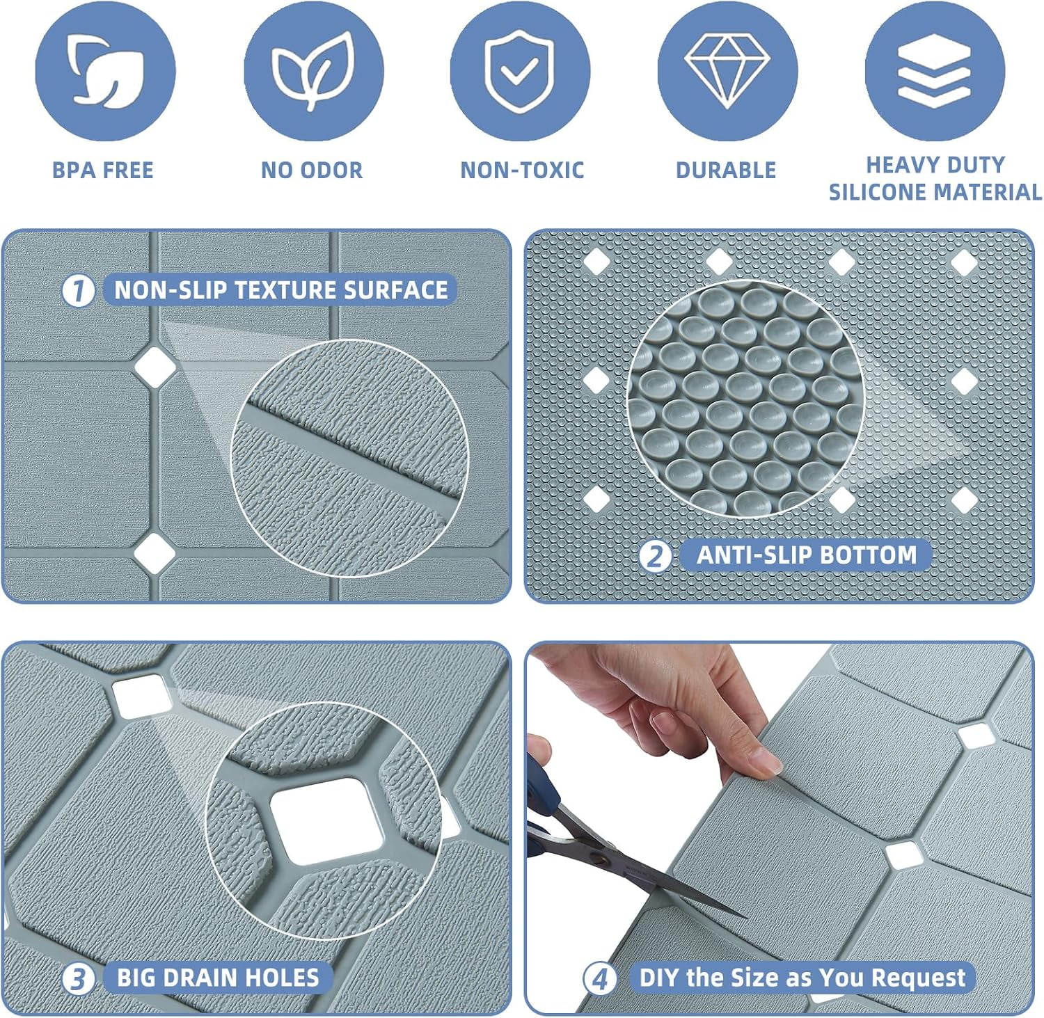 Non Slip Silicone Soft Odorless Bath Mat No Suction Cups for Refinished,Textured and Reglazed Tub Shower Mats Non-Slip 18 X 28Inch Grey